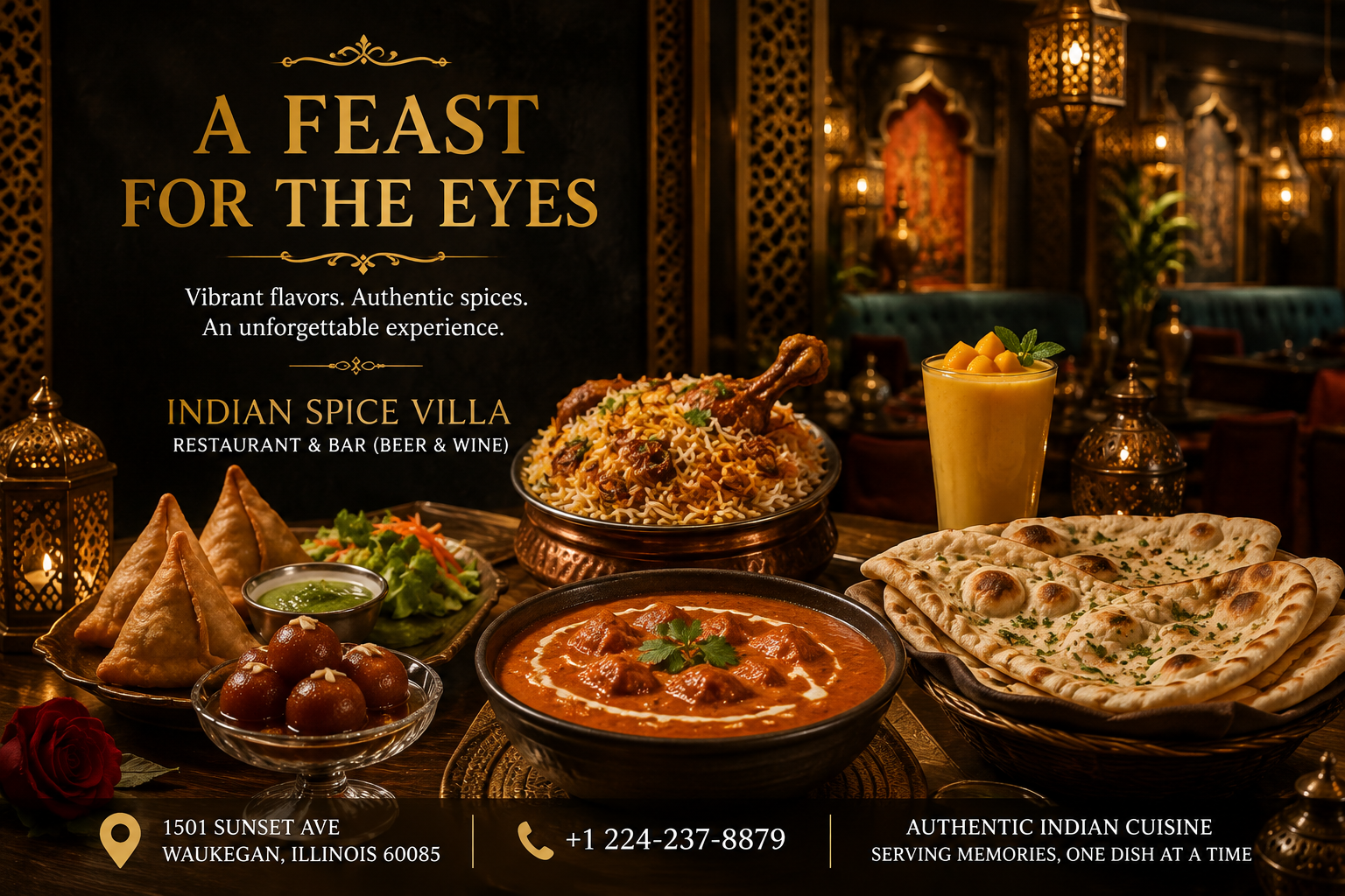 Indian Spice Villa food spread featuring biryani, samosa, curry, tandoori and naan